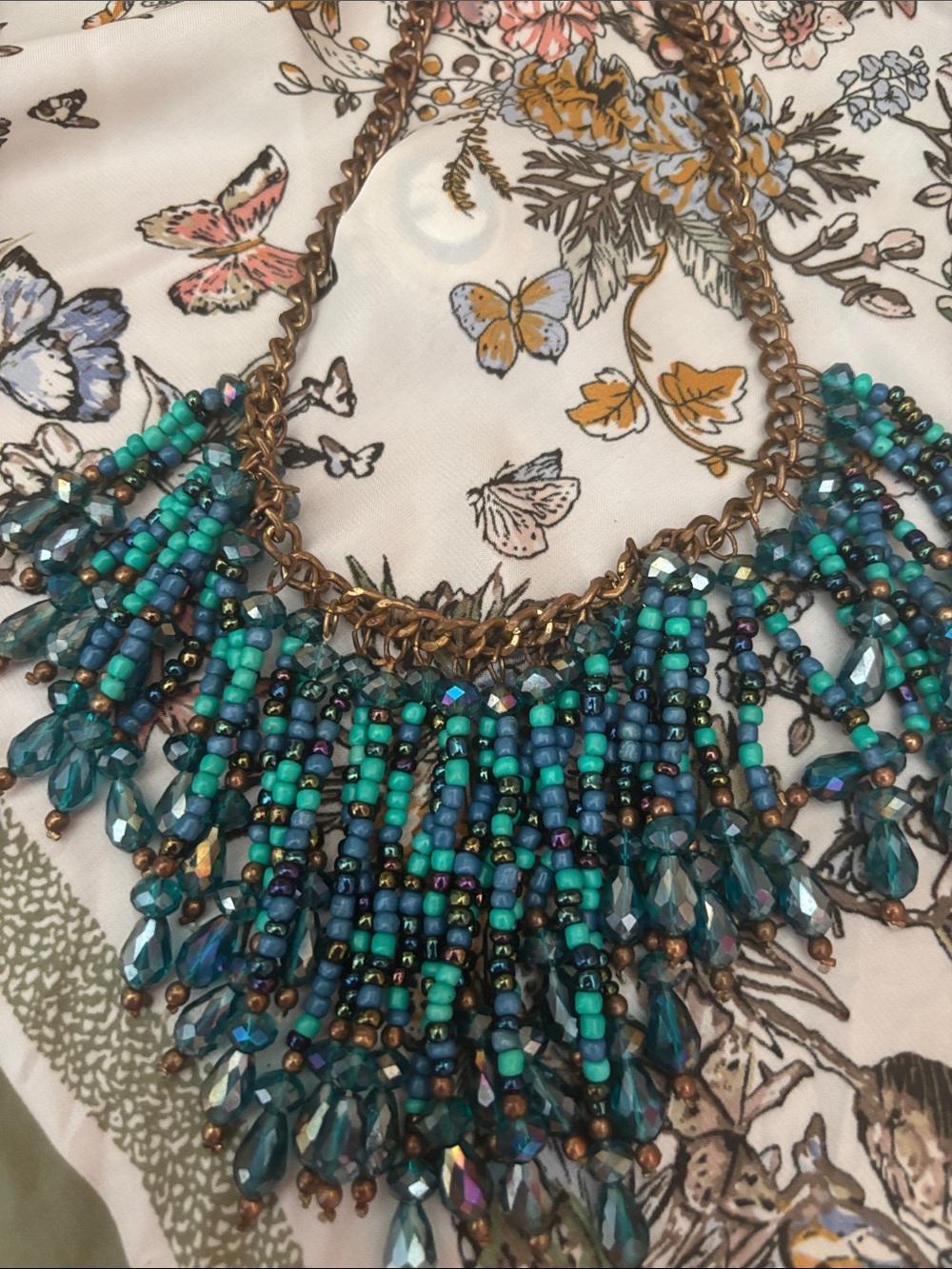 Vintage turquoise seed Beaded Fringe gold rope Statement Necklace